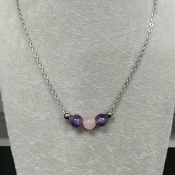 Amethyst Rose Quartz Three Bead Necklace Natural Gemstone Crystal StainlessSteel - Picture 4 of 12